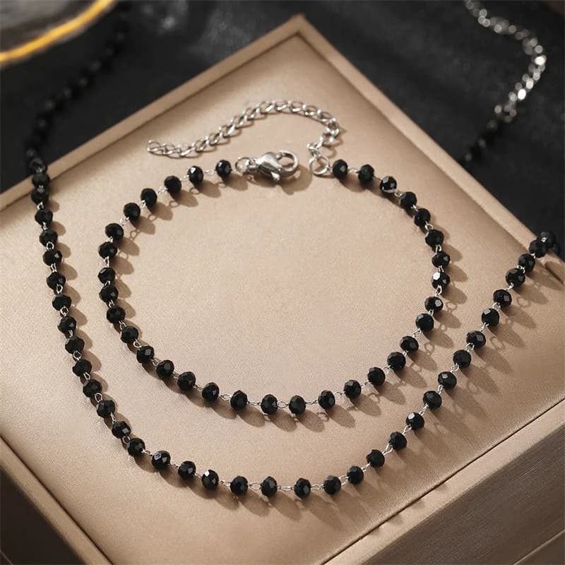 Set Ketting en Armband met Zwarte Kralen
