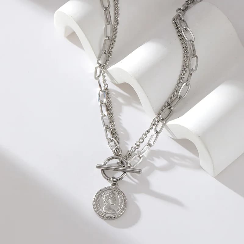 Portret munt hanger ketting, zilverkleurig