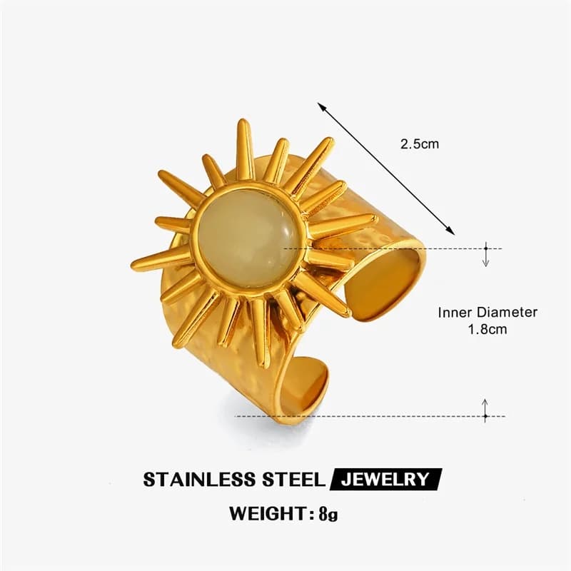 Verstelbare vintage ring met ovale steen en zonmotief, roestvrij staal