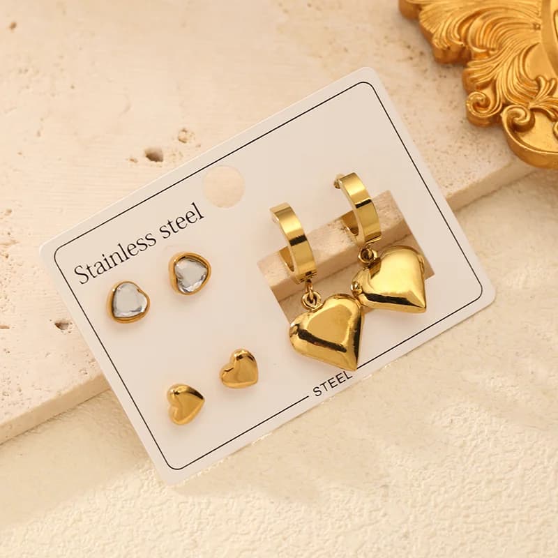 Set van 3 paar zirconia hart oorbellen (studs en hangers)