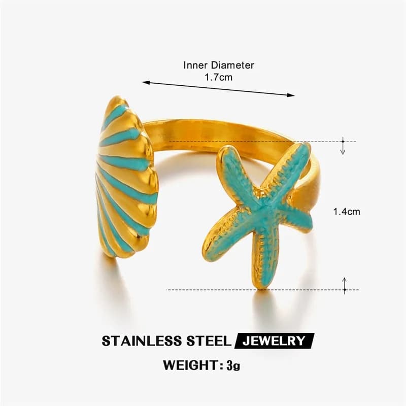 Verstelbare ring met emaille zeester en schelp, roestvrij staal