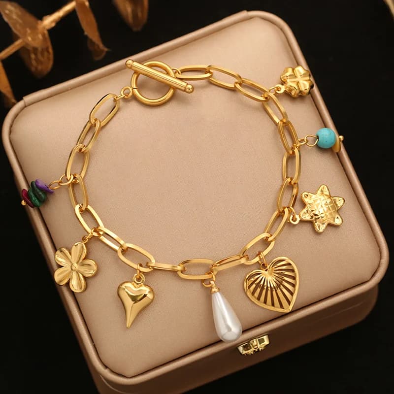 Bloem en Ster Bedelarmband met Parels