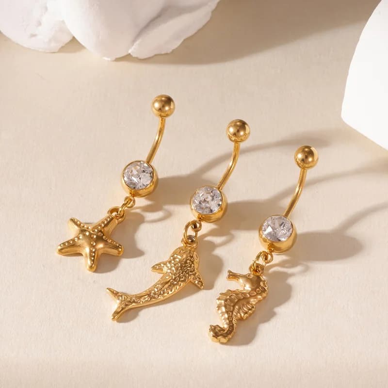 3-delige belly button rings zeester octopus, witte zirkoon