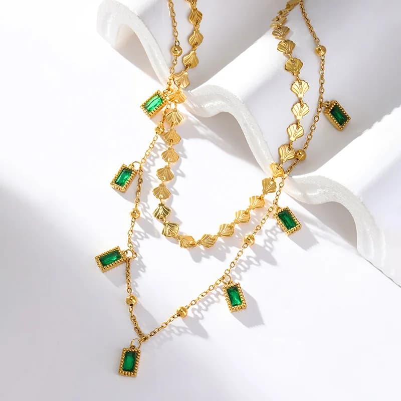 Vierkant Groen Kristal 2-laags Ketting