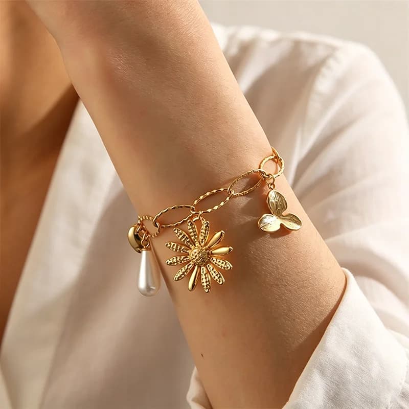 Bloem Parel Bedel Visgraat Armband, 18K Goud