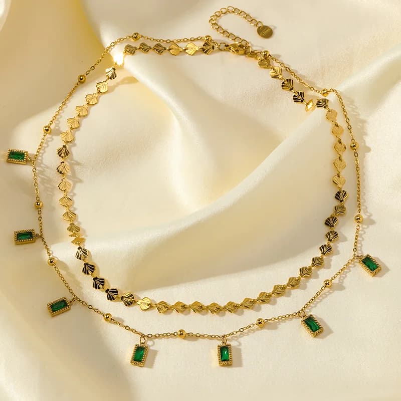 Vierkant Groen Kristal 2-laags Ketting
