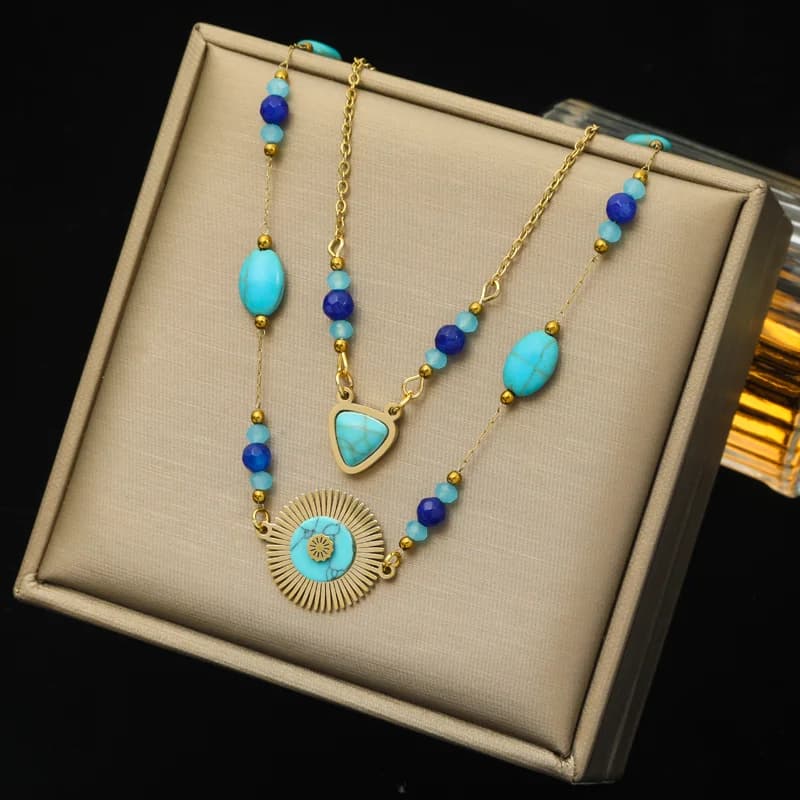 Meerlaags Geometrische Munt Steen Hanger Ketting