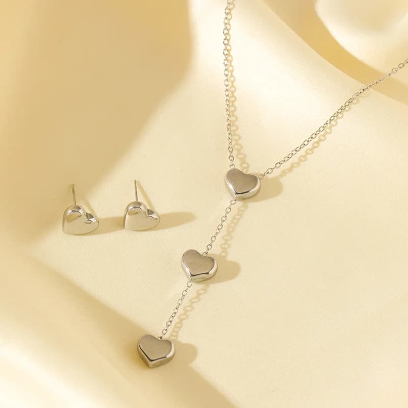Glanzend hart ketting en oorbellen set, Zilver