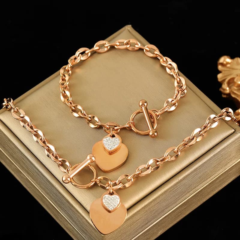 Dubbele Hart Ketting en Armband Set, Zilver