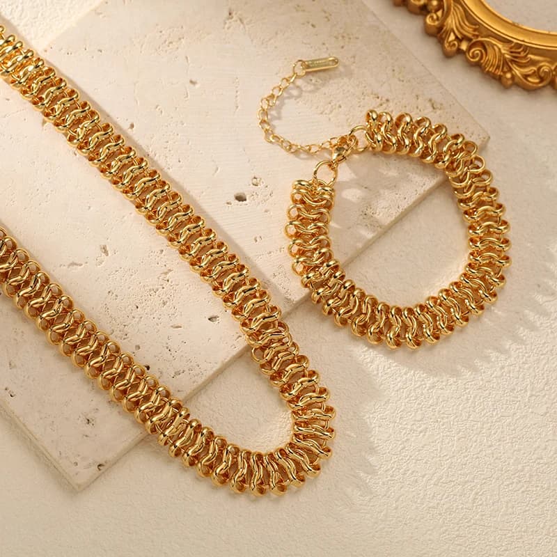 Gouden Chunky Ketting Halsketting en Armband Set