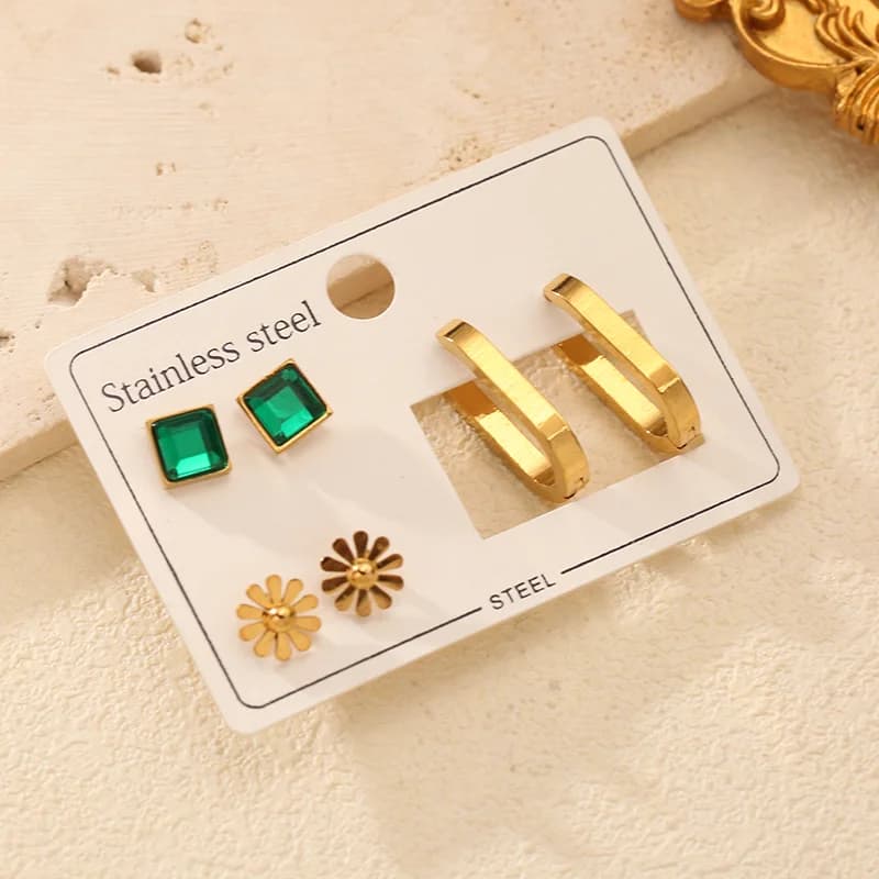 Set van 3 paar groene zirkoon bloem oorbellen