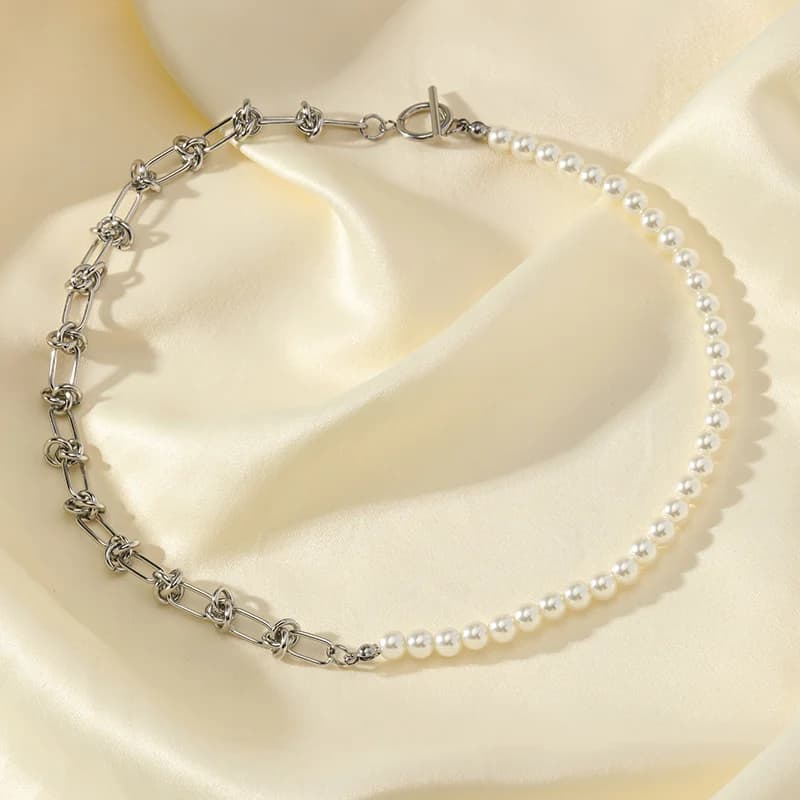 Asymmetrische Parel Ketting en Armband Set, Zilver