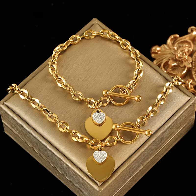 Dubbele Hart Ketting en Armband Set, Zilver