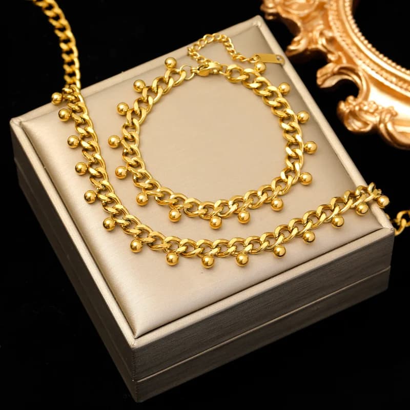 Grove ketting choker en armband set, goud