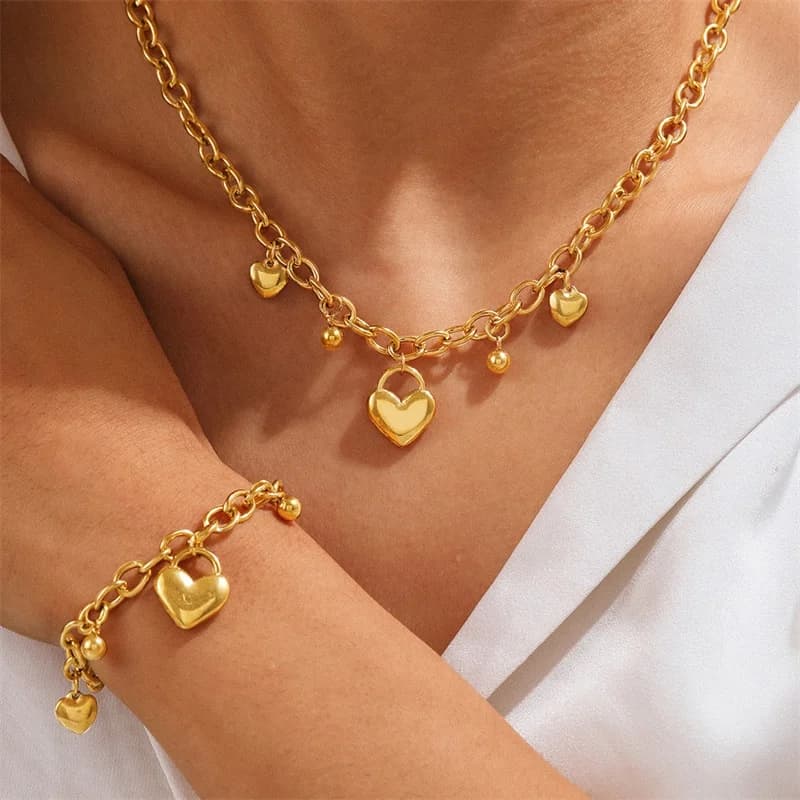 Gouden Hart Kralen Bedel Halsketting en Armband Set