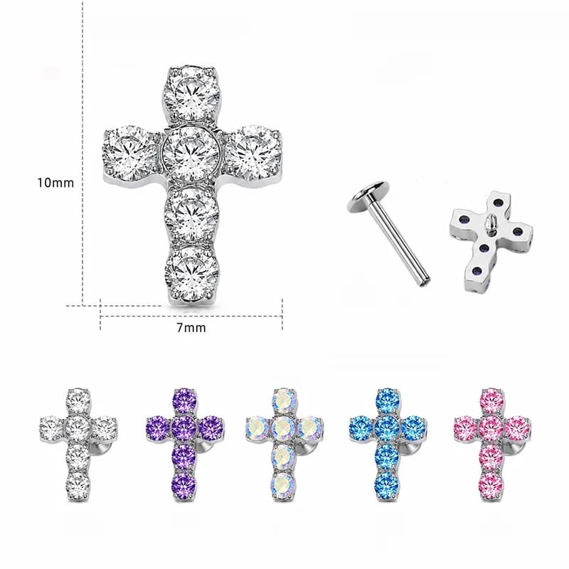 Titanium body piercing met spiraalkruis en zirkonia