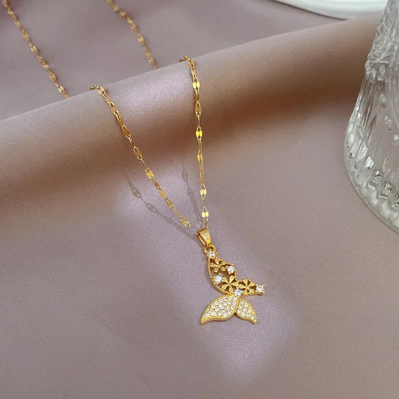 316L Roestvrij Staal Goudkleurige Cubic Zirkonia Vlinder Ketting