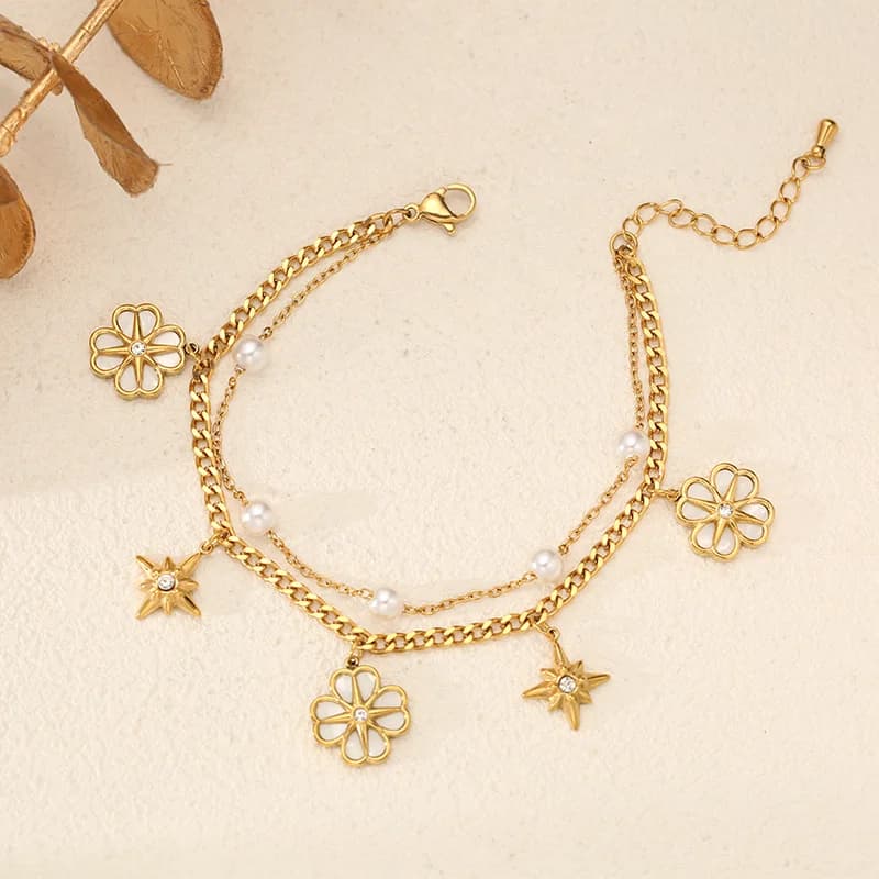 Bloem en Ster Bedelarmband met Parels