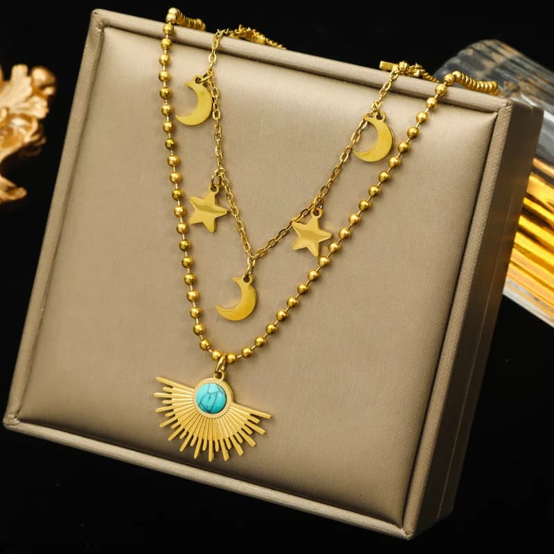 Meerlaags Geometrische Munt Steen Hanger Ketting