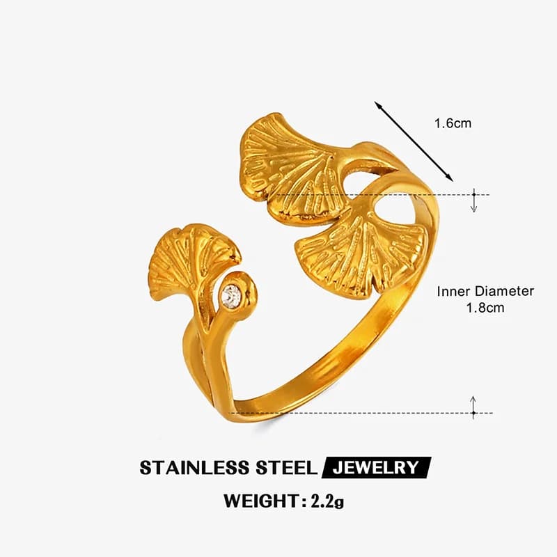 Verstelbare ring met ginkgoblad en zirkonia, roestvrij staal