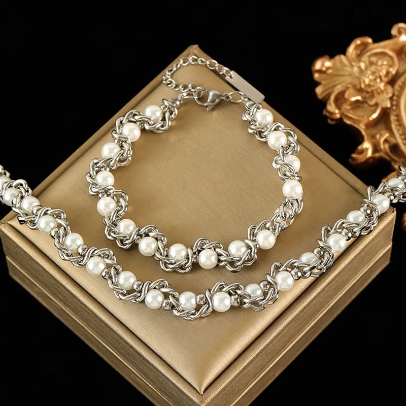 Parel ketting en armband set, zilver
