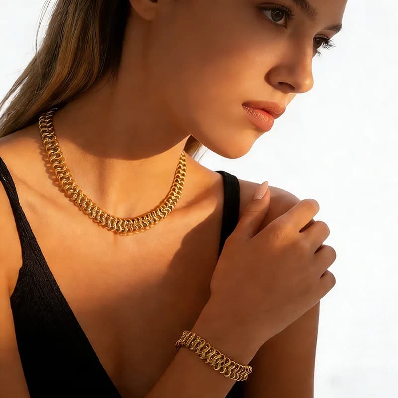 Gouden Chunky Ketting Halsketting en Armband Set