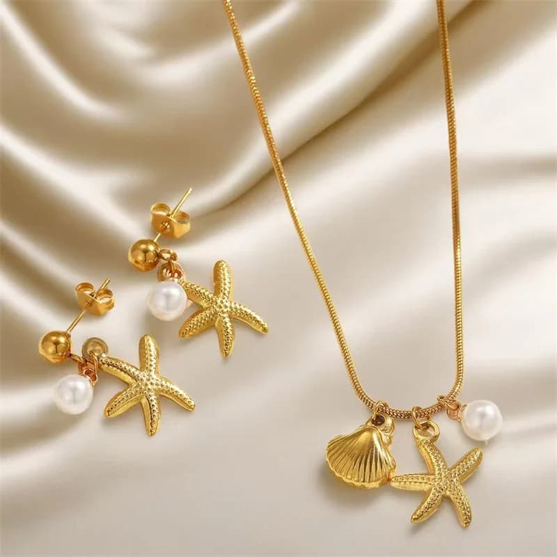 Zeester Parel Schelp Ketting en Oorbellen Set