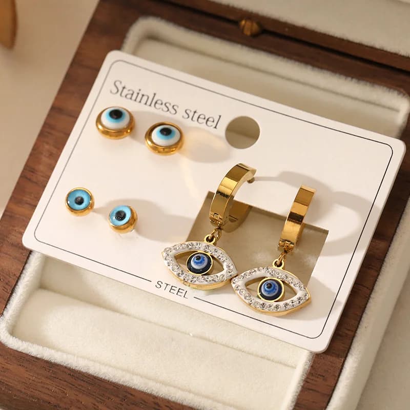 Set van 3 paar oorknopjes met blauw oog en zirkonia