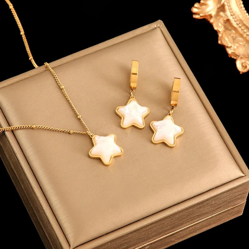 316L RVS Goudkleurige Hart Ster Ketting en Oorbellen Set